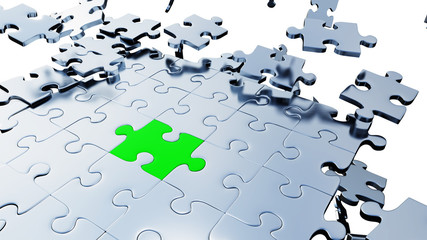 Large Green piece of puzzle inserted between several Silver Puzzle Pieces in chaos