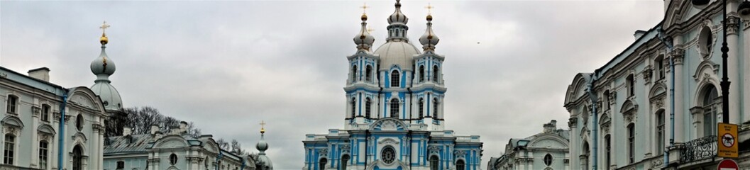 Fototapeta na wymiar St. Petersburg, Russia, January 2020. Panorama of the Smolny Cathedral on a cloudy winter day