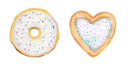 Colored, appetizing, donuts round and heart-shaped. Watercolor illustration on isolated background.