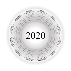 Round calendar for 2020 on white background.