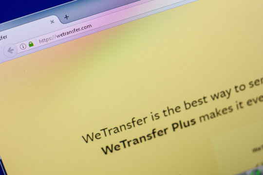 Ryazan, Russia - April 16, 2018 - Homepage of WeTranfer website on the display of PC, url - WeTranfer.com