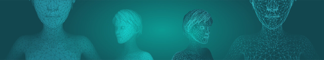 3d vector portrait of a beautiful young girl with hairstyle, set of angles on a green background