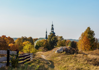 View towards Church of St. John the Baptist, Olsztyn, Krakow-Czestochowa Upland or Polish Jurassic Highland, Silesian Voivodeship, Poland