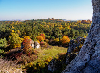 Landscape seen from Okiennik Wielki, window rock, Piaseczno, Krakow-Czestochowa Upland or Polish Jurassic Highland, Silesian Voivodeship, Poland