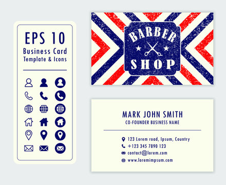 Barber Shop Business Card Design Template And Icon Set. Company Contact Graphic Logo Symbol Sign Pack. Vector Illustration Image. Name, Phone, Address, Website, Mail And Location Icons.