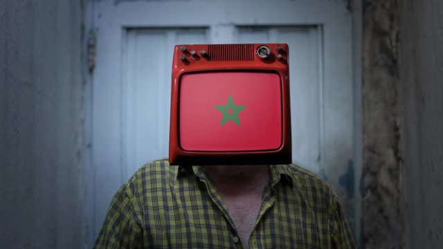 Television Man with the flag of Morocco on the Screen. Zoom In. 