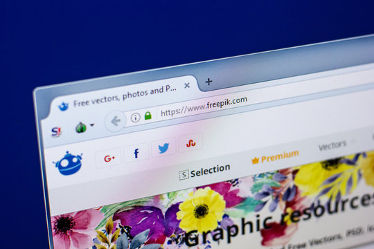 Ryazan, Russia - April 29, 2018: Homepage of Freepik website on the display of PC, url - Freepik.com