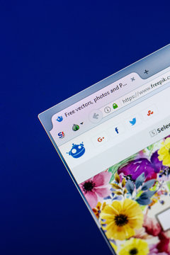 Ryazan, Russia - April 29, 2018: Homepage of Freepik website on the display of PC, url - Freepik.com