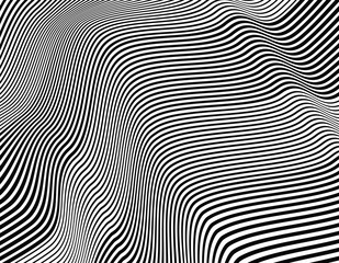 Abstract 3d background with optical illusion wave. Black and white horizontal lines with wavy distortion effect for prints, web pages, template, posters, monochrome backgrounds and pattern