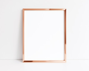 Rose gold frame isolated on white background, Vertical pink gold mock up frame 3d illustration.
