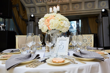 The luxury, elegant wedding reception table arrangement.