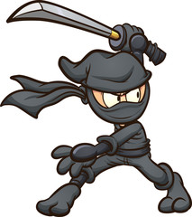 Ninja in black garb striking a pose with katana cartoon. Vector clip art illustration with simple gradients. All in a single layer. © Memoangeles
