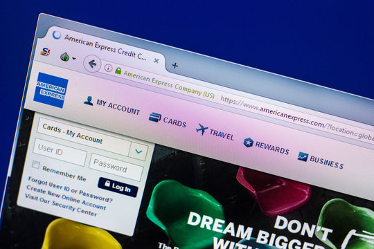 Ryazan, Russia - April 29, 2018: Homepage of Americanexpress website on the display of PC, url - Americanexpress.com