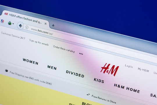 Ryazan, Russia - April 29, 2018: Homepage of H&M website on the display of PC, url - HM.com