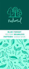 Floral pattern with seamless hand drawn ornaments. Healthy food badge. Natural food label tag design. Vector logo design template and emblem for bio chocolate, coffee shop, eco banner. Green concept.