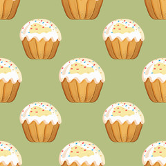 Seamless pattern with Easter cakes with sprinkles on an olive background