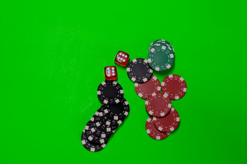 Gambling Money Chips Poker Cards and Red Dices
