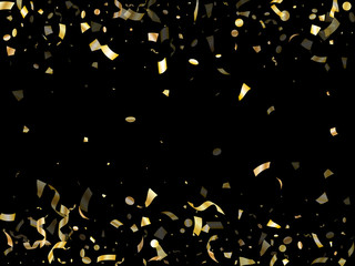 Holiday realistic gold confetti flying on black background.