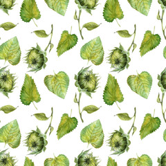 Watercolor seamless pattern with bright sunflowers, leaves and buds of the plant