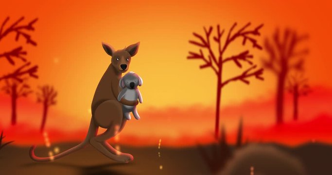 The kangaroo is carrying a cute small koala while jumping for escape bushfires, 2d animation looping concepts for pray for Australia.