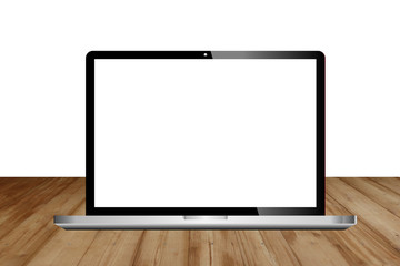 laptop isolated on wooden board background