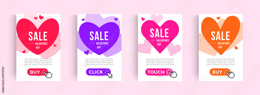 Poster set of valentines day sale posters. web banner design with hearts icon, geometric linear borders and