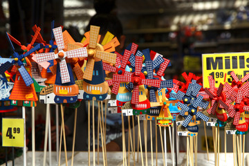 Souvenirs from Amsterdam, Holland. Wooden mills on flower market