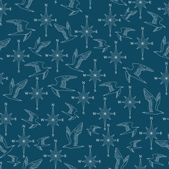Vector navy blue seamless pattern basckground with wind rose
