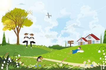Vector Illustration of children playing in the park, Landscapespring fields with kids play together during a sunny day, Child's outdoor activities in summertime. Happy childhood.