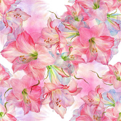 Amaryllis flowers. Branch with flowers and buds.  Spring Flower. Seamless pattern. Use printed materials, signboards, posters, postcards, packaging.
