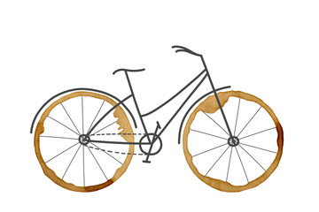 A sketch of a bicycle with coffee rings instead of wheels on a white background