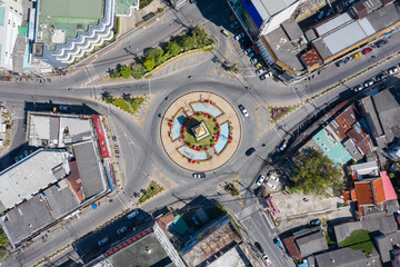 Beautiful Roundabout clock tower "Aerial Top view Phuket Thailand with long exposure cars traffic