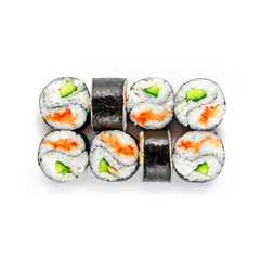 Sushi japanese roll set. Top view, isolated. salmon, cucumber, caviar. © Fomizm