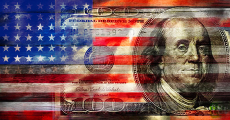 USA flag with US dollar on a wood surface
