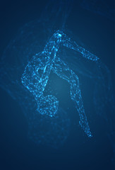 A female silhouette of luminous lines and dots dancing on an abstract dark blue background. vector layout