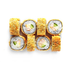 Sushi japanese roll set. Top view, isolated. Hot, crunch, cheese, chicken, cucumber
