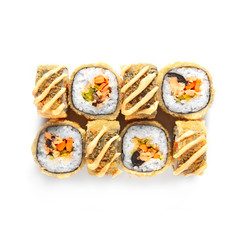 Sushi japanese roll set. Top view, isolated. Vegetables, mushrooms, fish, hot