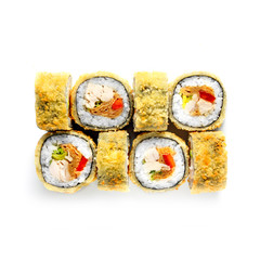 Sushi japanese roll set. Top view, isolated. Vegetables, scrambled eggs, fish, hot