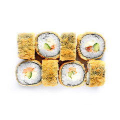 Sushi japanese roll set. Top view, isolated. Vegetables, cheese, fish, hot.