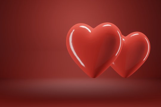 3D rendering Red heart is flying on a red background. Symbols of love for happy women, mother, valentines day, birthday greeting card.
