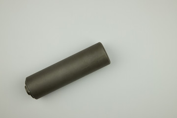 Silencer for rifled weapons on a white background. View from above.