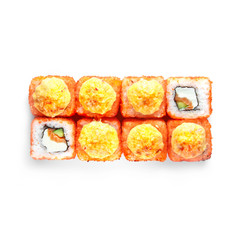 Sushi japanese roll set. Top view, isolated. Cheese, fish, salmon, cucumber, masago, caviar, hat.