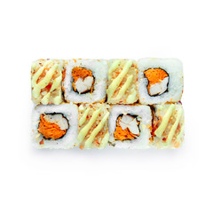 Sushi japanese roll set. Top view, isolated. Fish, scrambled eggs, sesame seeds.