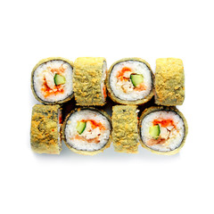 Sushi japanese roll set. Top view, isolated. hot, crunch, cucumber, fish, salmon, caviar, masago.