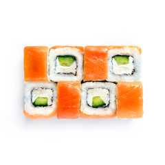 Sushi japanese roll set. Top view, isolated. Philadelphia with a cucumber.