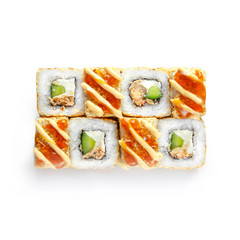 Sushi japanese roll set. Top view, isolated. Fish, cucumber, cheese, sesame seeds.