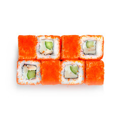 Sushi japanese roll set. Top view, isolated. Fish, crab, cheese, cucumber, caviar.