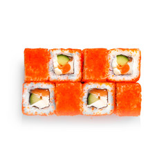 Sushi japanese roll set. Top view, isolated. Fish, crab, cheese, cucumber, caviar.