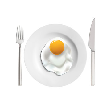 Vector realistic illustration of a porcelain plate with fried eggs. Isolated image of a dish, fork and knife. Image of ceramic dishes.