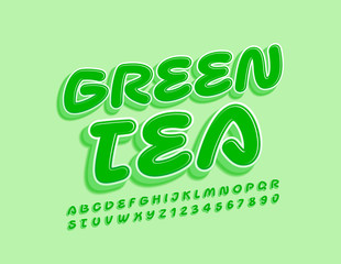 Vector stylish Emblem Green Tea. Playful Bright Font. Green 3D Alphabet Letters and Numbers. 